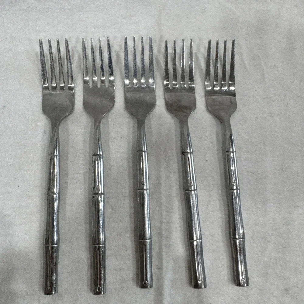 (5) Dinner Forks Benihana Stainless Flatware Bamboo Handles 7